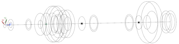 Figure 3. Nelson rotor model, modeled by 1D beam elements (gray circles), a lumped mass (green circle) and bearings (blue squares) 1D Nelson rotor model axisymmetric rotor dynamics