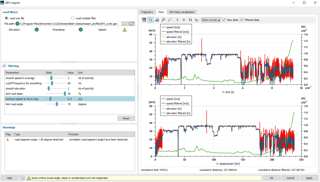 GPX import data filtering process
