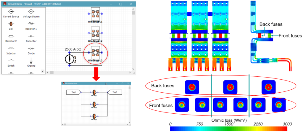 The circuit used in the static analysis where busbars L1, 2 & 3 are connected in parallel as Winding#L1, 2 & 3. Each winding unit has three fuses defined as coils. E.g. Winding#L1 has fuses L1Coil(1), (2) & (3) also connected in parallel. By neglecting AC effects, the current distribution in L1, 2 & 3 is similar, while the fuse loading is due to the current taking the shortest path.
