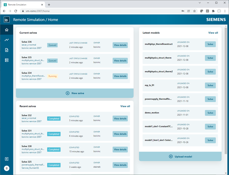 Remote Simulation web UI homepage showing solves ongoing