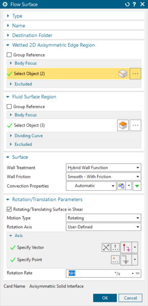 Define the convective connection between the 2D axisymmetric solid and the fluid faces via the Axisymmetric Solid Interface