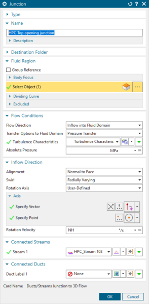 Define the connections between the 1D fluid network and the 3D fluid domain via the Ducts/Streams Junction to 3D Flow junction