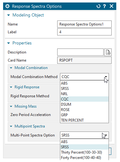 Response spectra options