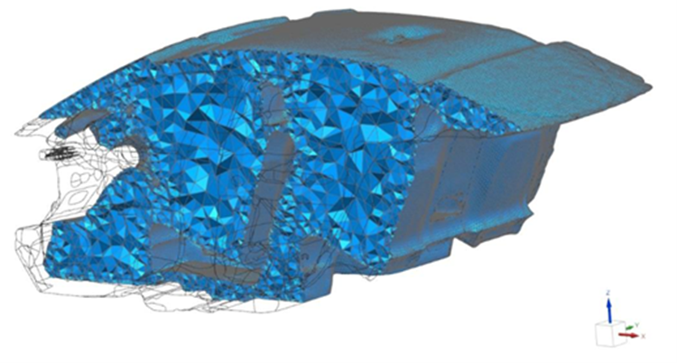 Figure showing the FEMAO cabin mesh with fine elements on the surface but very coarse elements in the cabin center