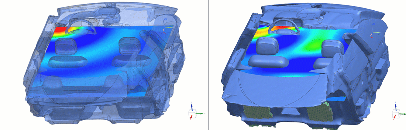 Figures showing the acoustic propagation in free-field (left) and with cabin (right)