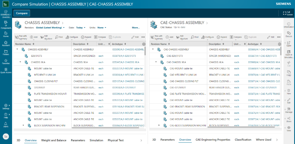 Screenshot of chassis BOMs for CAD and CAE side by side in Active Workspace