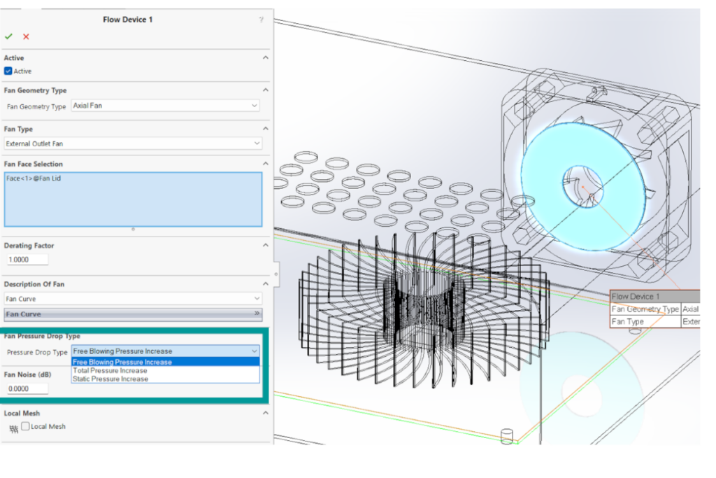Fan SmartPart Modeling and Flow Device modeling updates in Simcenter Flotherm XT 2310 CAD Centric electronics cooling software release in October 2023.