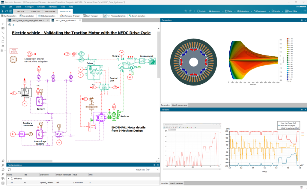 The Simcenter Amesim user interface when completing an e-machine project. 