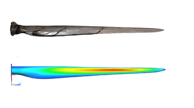 physical wind blade and its simulation counterpart with von-mises stress results overlayed.