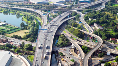 Aerial photo of Spaghetti Junction showing how even a simple road junction can become quite complicated once all the requirements are satisfied.