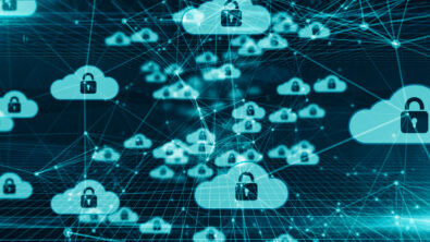 Abstract image of cloud icons and lock icons representing cybersecurity