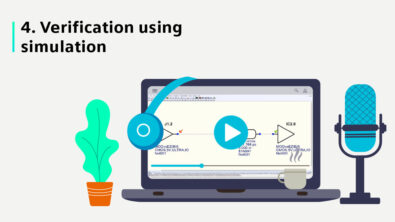 Illustration showing a computer with Board verification using simulation on screen