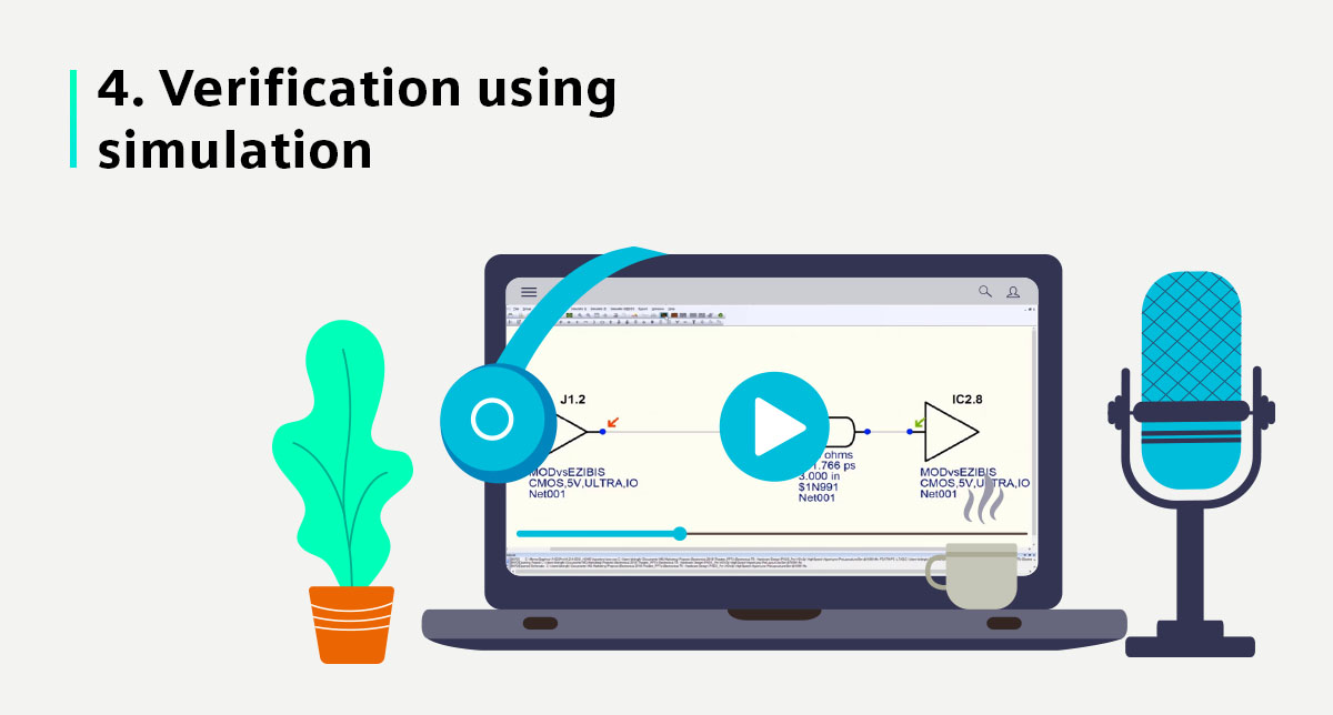 Illustration showing a computer with Board verification using simulation on screen