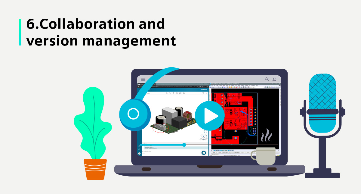 Illustration of a computer with screen showing collaboration and version management in PADS Professional Premium