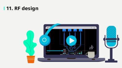 Illustration of a computer screen with a screen shot of the PADS Professional Premium software doing RF design