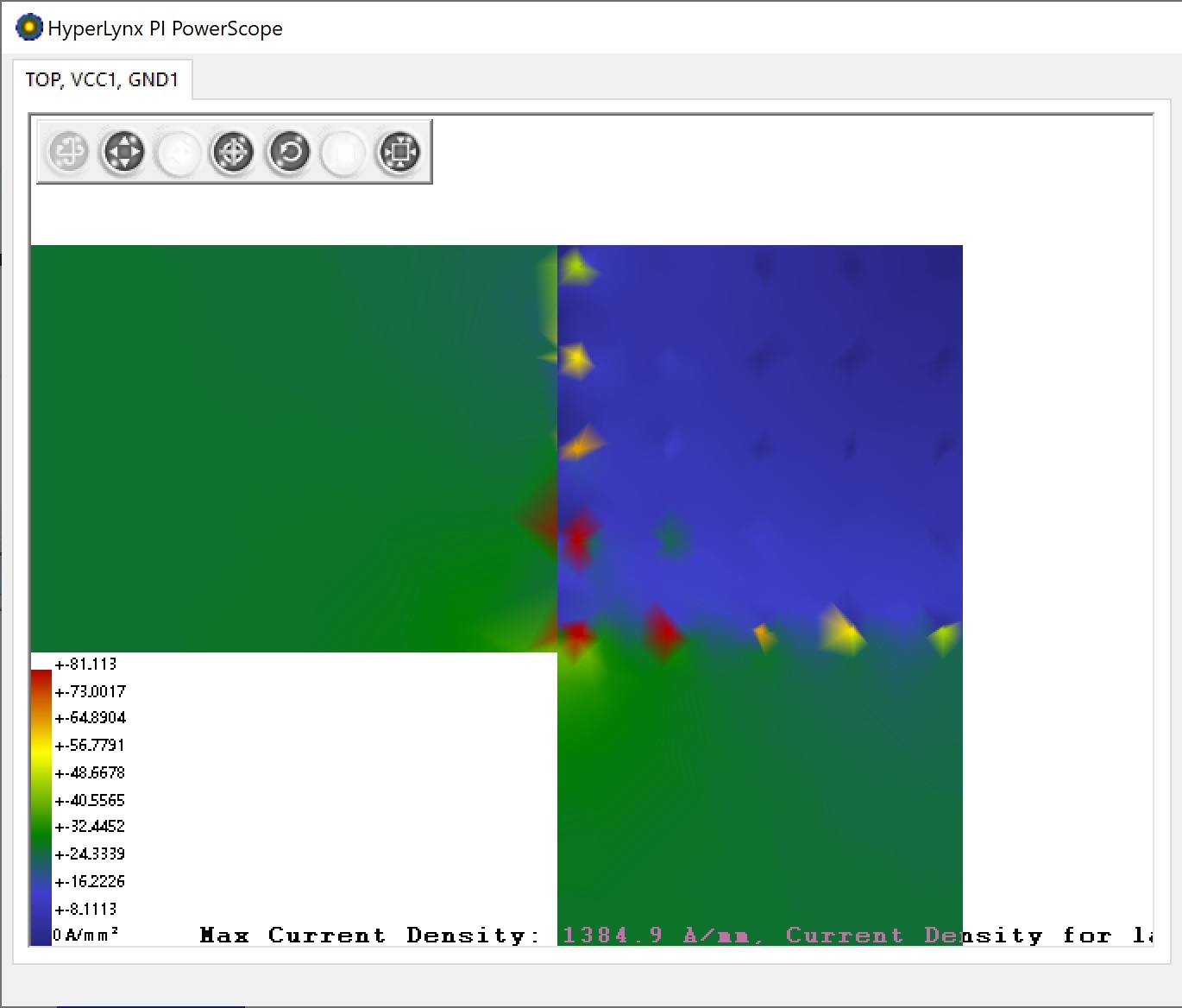 Plot of current density in a via array connecting two power plane shapes, generated by HyperLynx PI