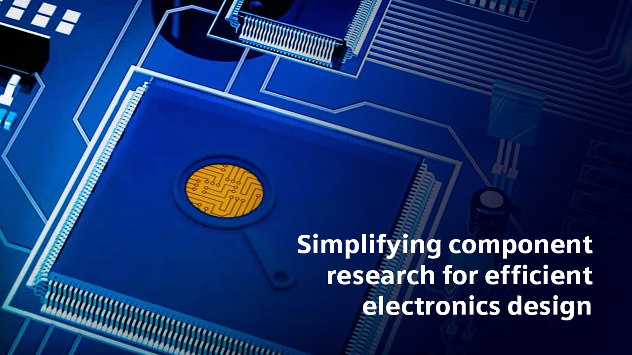 Close up of a 3D PCB with text onscreen that says: Simplifying component research for efficient electronics design