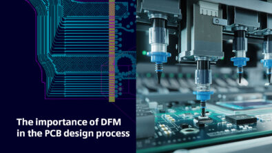 An image of a circuit board being manufactured and also an image showing a PCB design in Xpedition software.