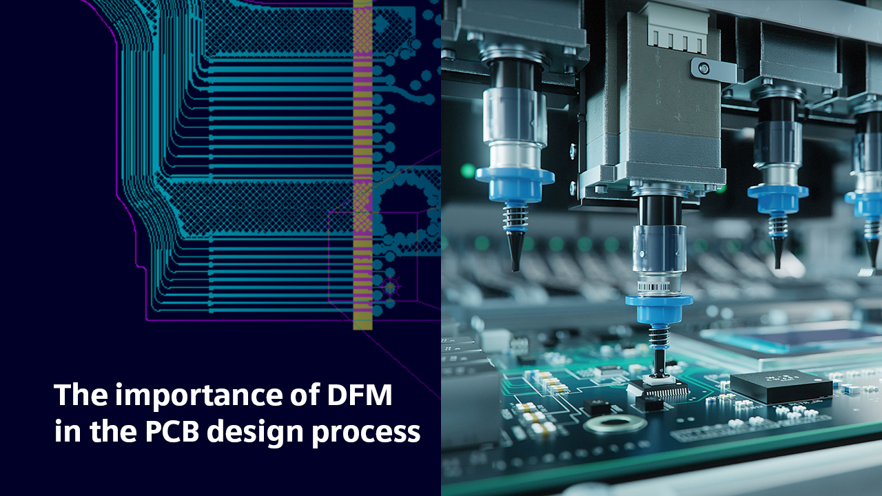 An image of a circuit board being manufactured and also an image showing a PCB design in Xpedition software.