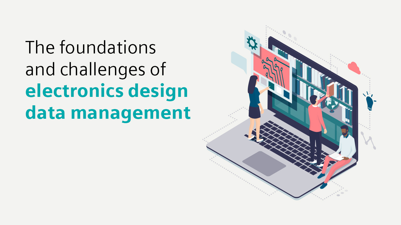 An illustration of a computer showing library books and ocb designs and text onscreen that says The foundations and challenges of electronics design data management