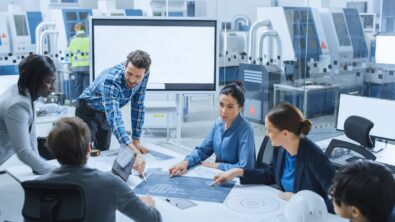 a group of business professionals meeting over blueprints and documents