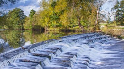 an image of a rushing stream of water surrounded by greenery