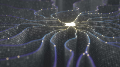 Artificial neuron in concept of artificial intelligence. Wall-shaped binary codes make transmission lines of pulses and/or information in an analogy to a microchip. Neural network and data transmission.