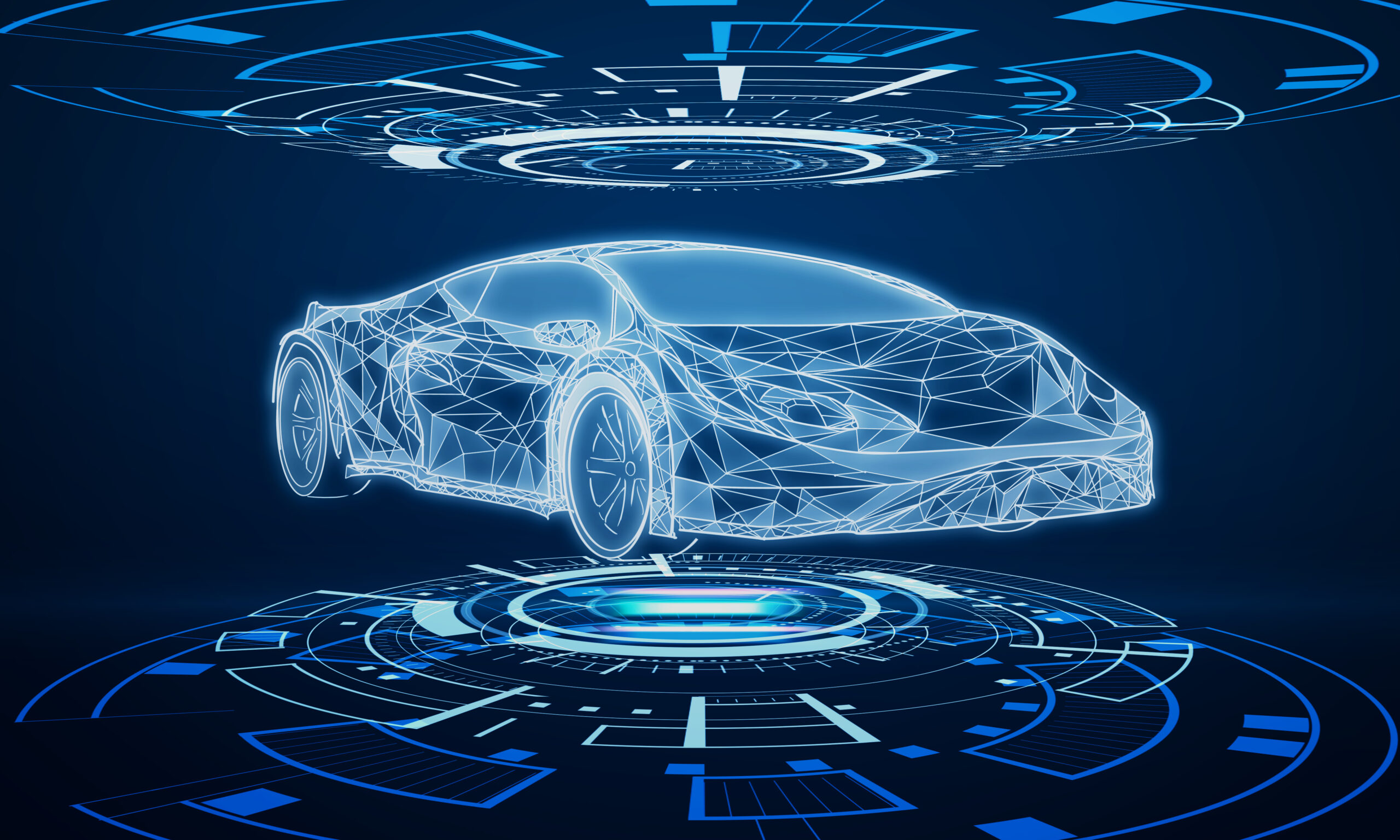 Automotive. Creative glowing car hologram interface on dark blue background. Transport diagnostics and futuristic technology concept. 3D Rendering