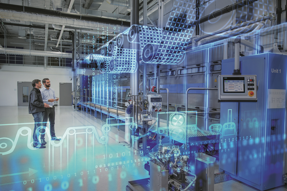 Two people in an industrial setting review digital interfaces and machinery with superimposed technological graphics representing data flow and automation processes.